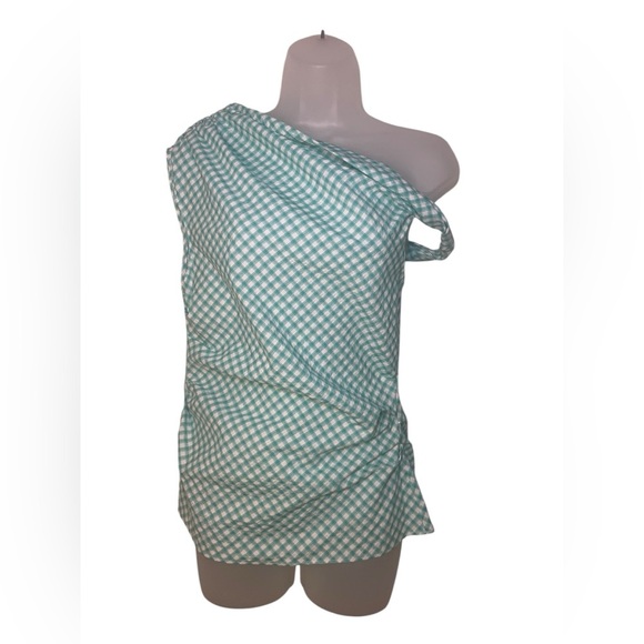 Amanda Uprichard One Shoulder Gingham Blouse | Green White | Size Small | NWOT S - Picture 1 of 4